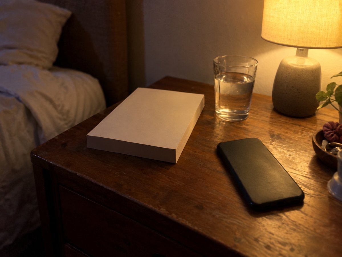 Bedside table in the evening with a lit lamp, a book, a glass of water and a phone face down