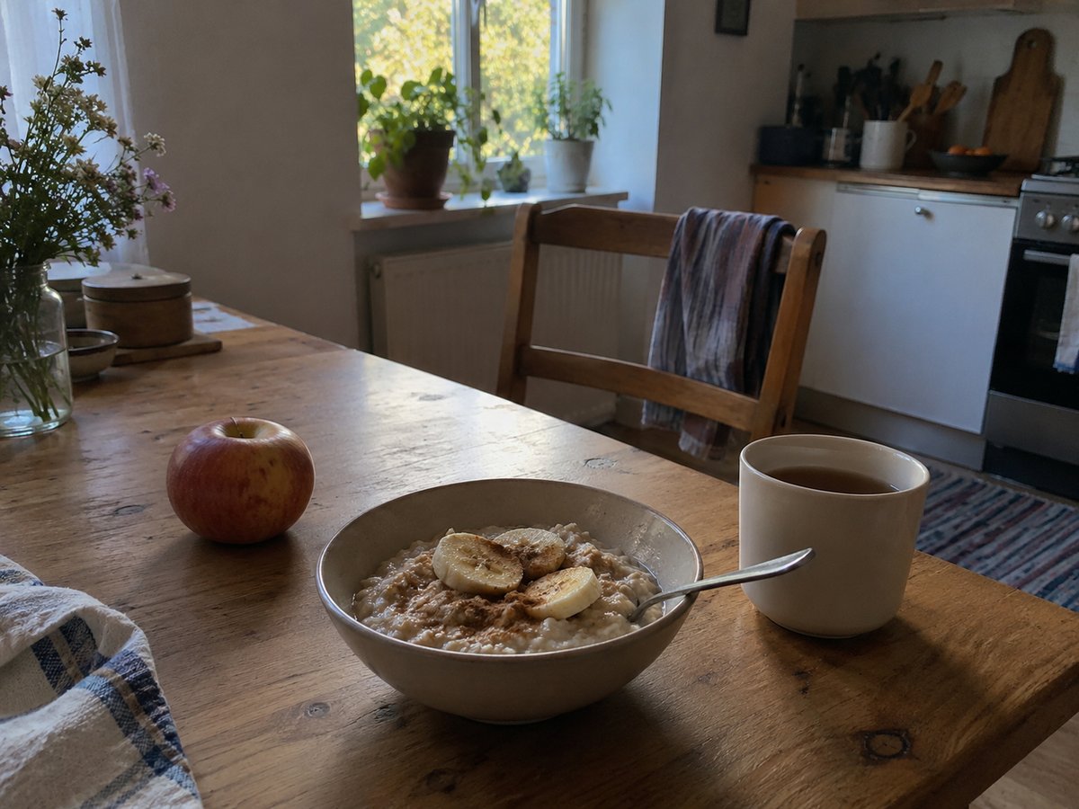 Breakfast table with a bowl of porridge, a cup of tea and an apple in morning light