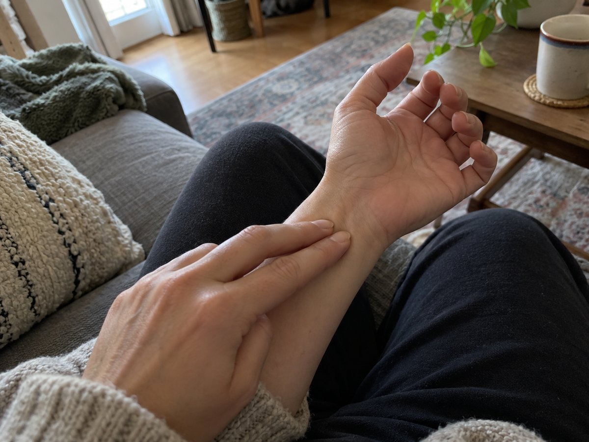 Person sitting on a sofa checking the pulse on the inside of the wrist with two fingers