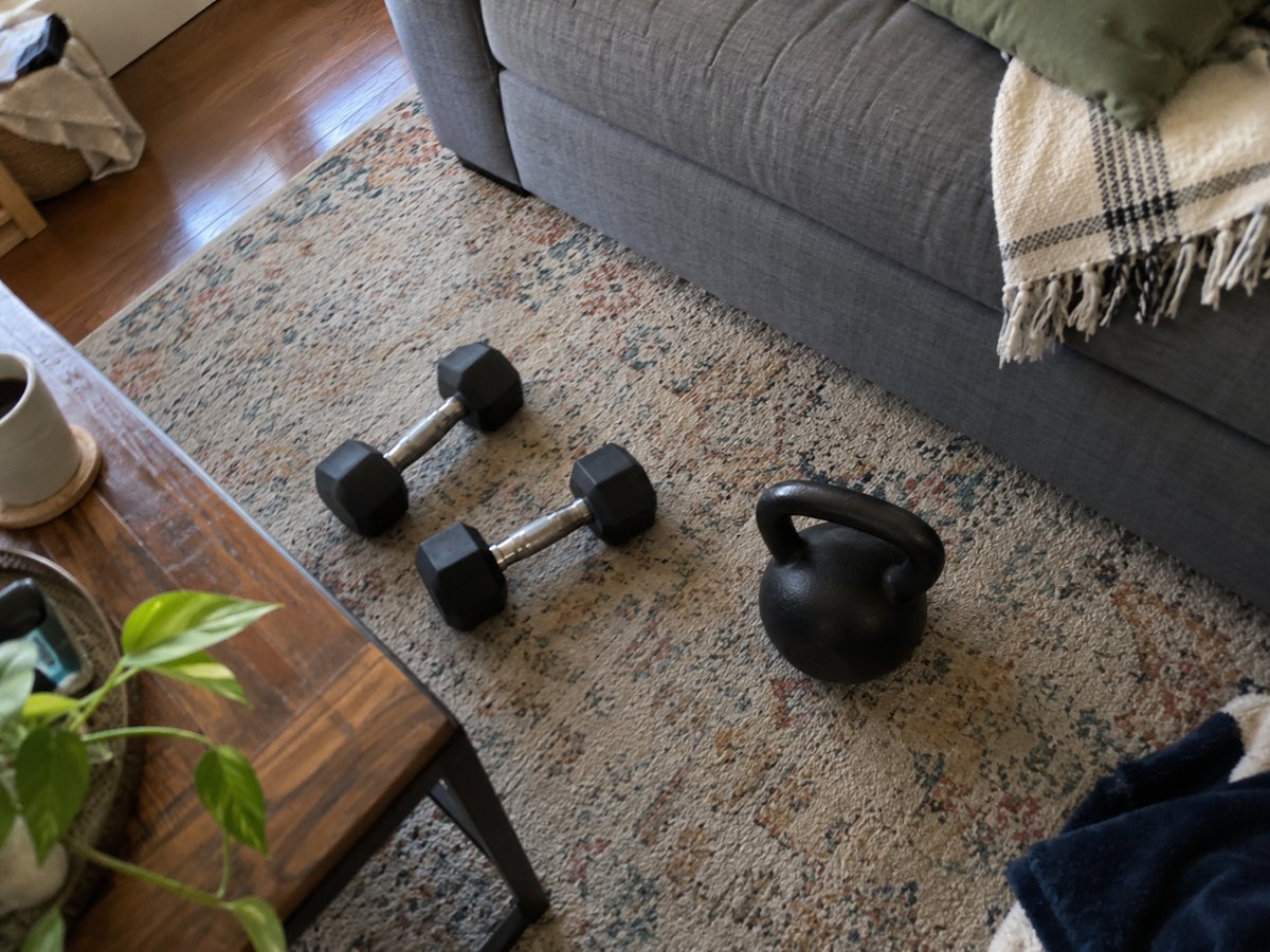Two dumbbells and a kettlebell on a living room rug beside a grey sofa