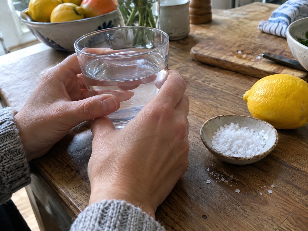 Hands holding a glass of water beside a small dish of sea salt and a lemon on a wooden table