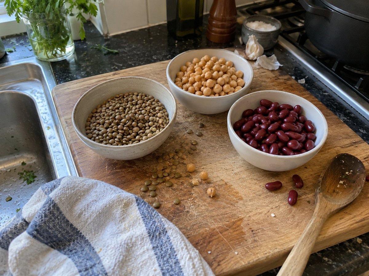 Three bowls of green lentils, chickpeas and red kidney beans on a wooden cutting board