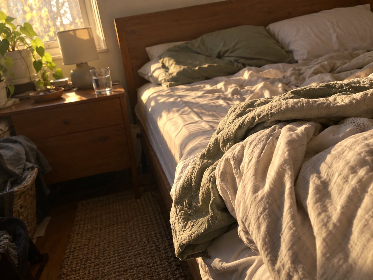Morning sunlight falling across an unmade bed and a bedside table