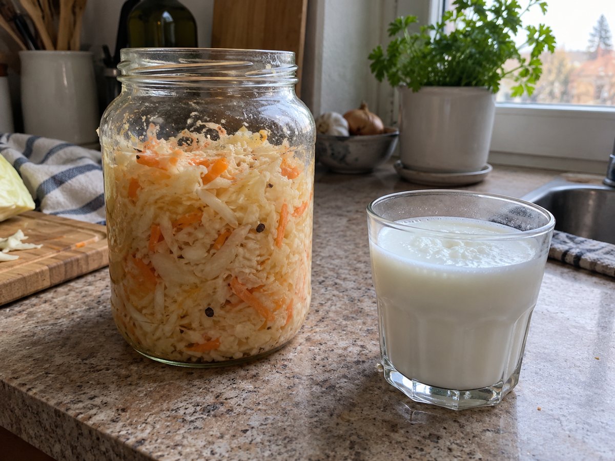 Jar of homemade sauerkraut and a glass of kefir on a kitchen counter