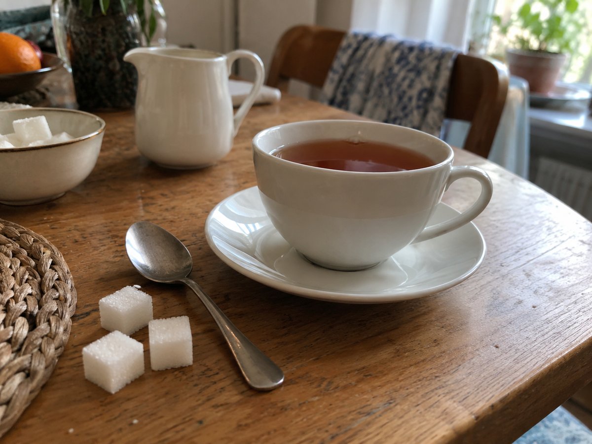 Teaspoon and sugar cubes beside a cup of tea on a saucer