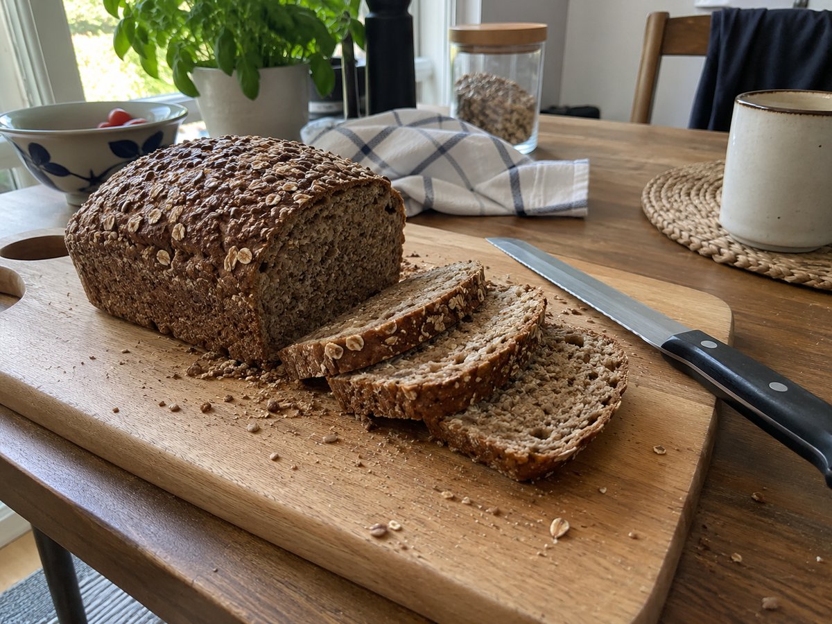 Dark wholegrain loaf partly sliced on a wooden board with a bread knife